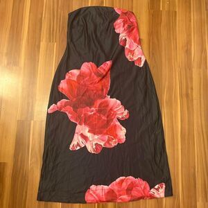 NWT city chic black satin strapless maxidress w large realistic pink flowers